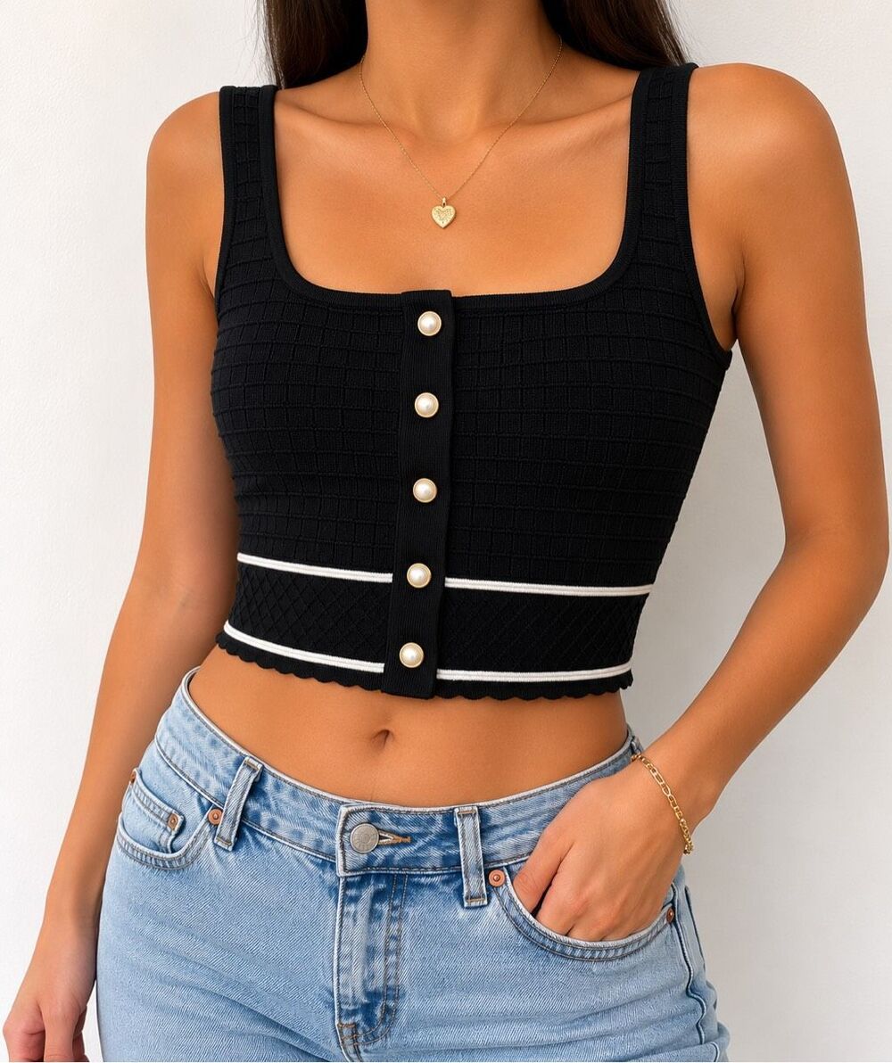 Babaton Textured Knit Crop Tank Top Small Black Pearl Button Preppy Chic